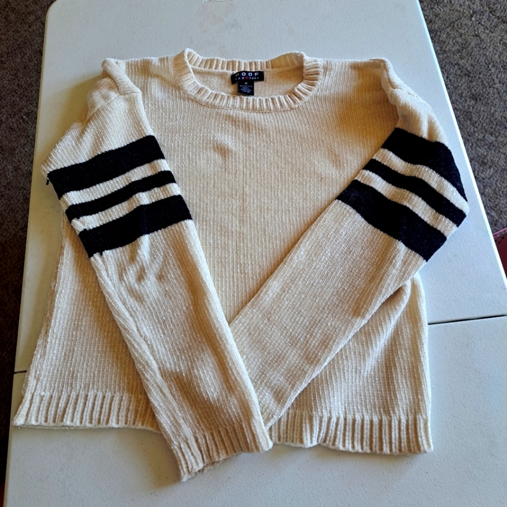 POOF New York Cream Sweater with Black Sleeve Stripes